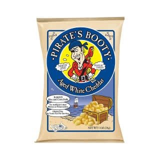 A bag of Pirate's Booty in aged white cheddar flavor.